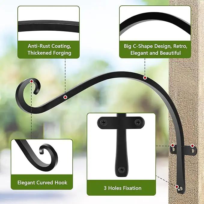 HOOPLE Plant Hangers Outdoor Heavy Duty 4 Pack, Cast Iron Bird Feeder Hanger, Metal Black Plant Brackets Hook for Hanging Flower Baskets, Elegant Design, Large Bearing Capacity by GreenHaven Gardens