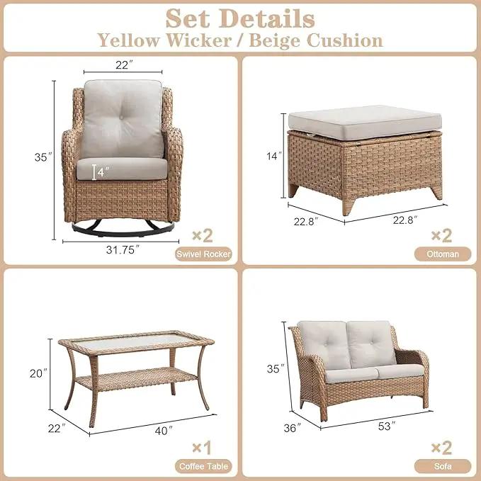 Wicker Outdoor Furniture Patio Furniture Set - 6 Piece Patio Conversation Set with Swivel Rocker Chairs, Loveseat Sofa, Ottomans and Coffee Table, Beige Cushion by GreenHaven Gardens