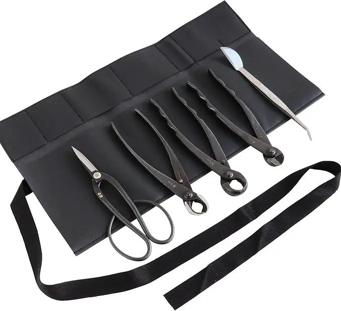 Wazakura Made in Japan 5PCS Bonsai Tool Kit with Roll Bag: Yasugi Steel Ashinaga Bonsai Scissors, Concave Branch Cutter, Knob Cutter, Wire Cutter, Tweezers - 5 Tools Ashinaga Set with Case by GreenHaven Gardens