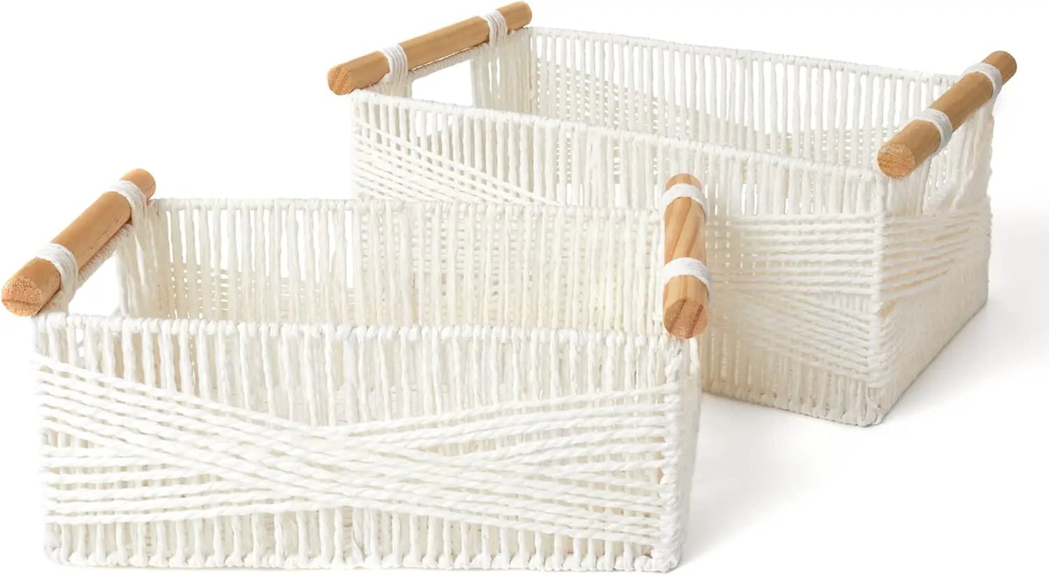 LA JOLIE MUSE Wicker Storage Baskets for Organizing, Recyclable Paper Rope Basket with Wood Handles, Decorative Hand Woven Basket Organizers for Makeup Books Shelves Living Room, White, Set of 2 by GreenHaven Gardens