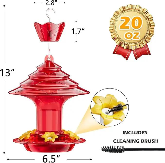 Birdream Hummingbird Feeder for Outdoors Hanging, 20oz Hummingbird Feeders with 5 Bee Guard Feeding Ports & Built-in Ant Moat Brush Leak-Proof for Outside Gifts for Women - Solid Red by GreenHaven Gardens