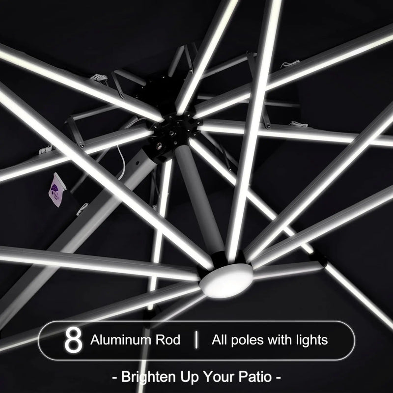 PURPLE LEAF 11ft Solar LED Patio Umbrella - Large Round Cantilever Umbrella with LED Lights, Windproof, Heavy Duty for Garden, Deck, Pool, Patio, Black by GreenHaven Gardens