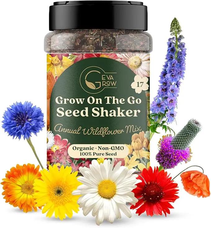 Wildflower Seed Shaker – Awesome Annual Mix by GevaGrow - 2 Ounce Shaker by GreenHaven Gardens