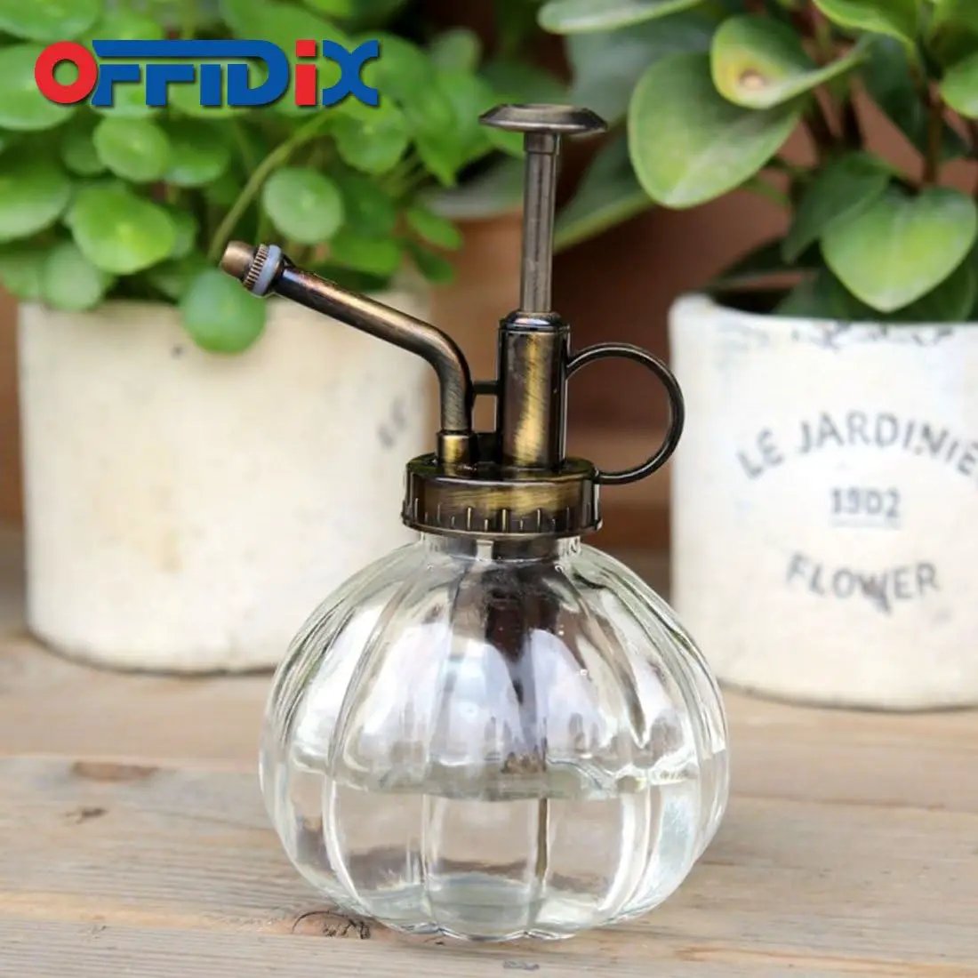 OFFIDIX Transparent Glass Watering Spray Bottle, 6.3 Inches Tall Vintage Style with Bronze Plastic Top Pump One Hand Plant Mister Glass Watering Can Indoor by GreenHaven Gardens