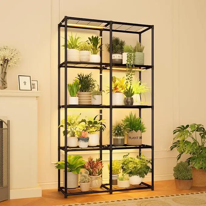 Plant Stand With Grow Light Indoor Outdoor Tall Wide Plant Shelf Metal Waterproof Black Plant Rack for Multiple Plant Holder Flower Pot Table 5 Tiers by GreenHaven Gardens