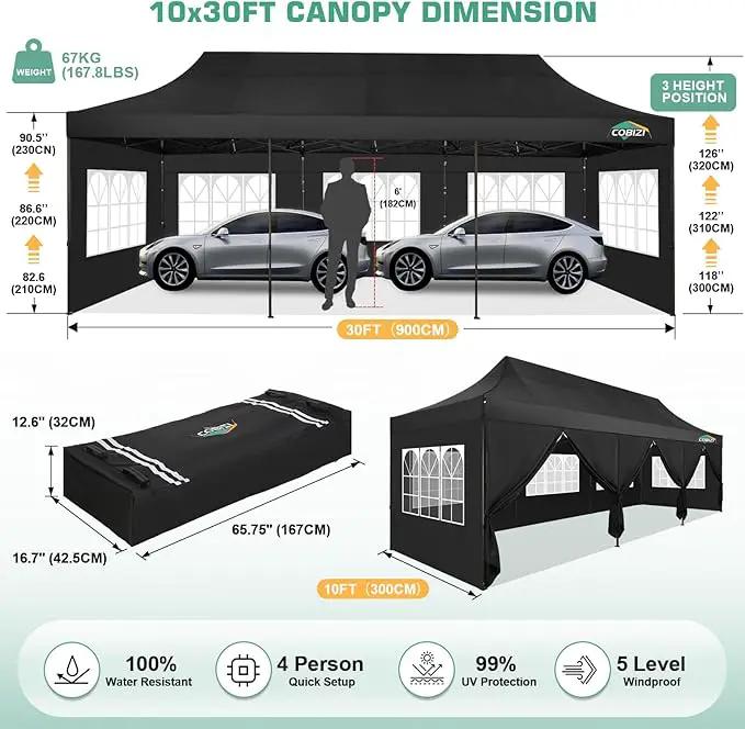 COBIZI 10x30 Pop Up Canopy Tent Heavy Duty with 8 Removable Sidewalls, Commercial Portable Tents for Parties Ez Up Canopy All-Weather Windproof & Waterproof and UPF 80+ Wedding Tent Sun Shelter by GreenHaven Gardens