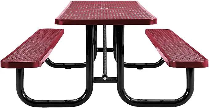 Global Industrial 8’L Rectangular Picnic Table, Expanded Metal, Red Thermoplastic Coating, Attached Benches, 1-1/2” Umbrella Pole Hole, Outdoor-Rated, 1000 lb Capacity, 96” x 30” Tabletop by GreenHaven Gardens