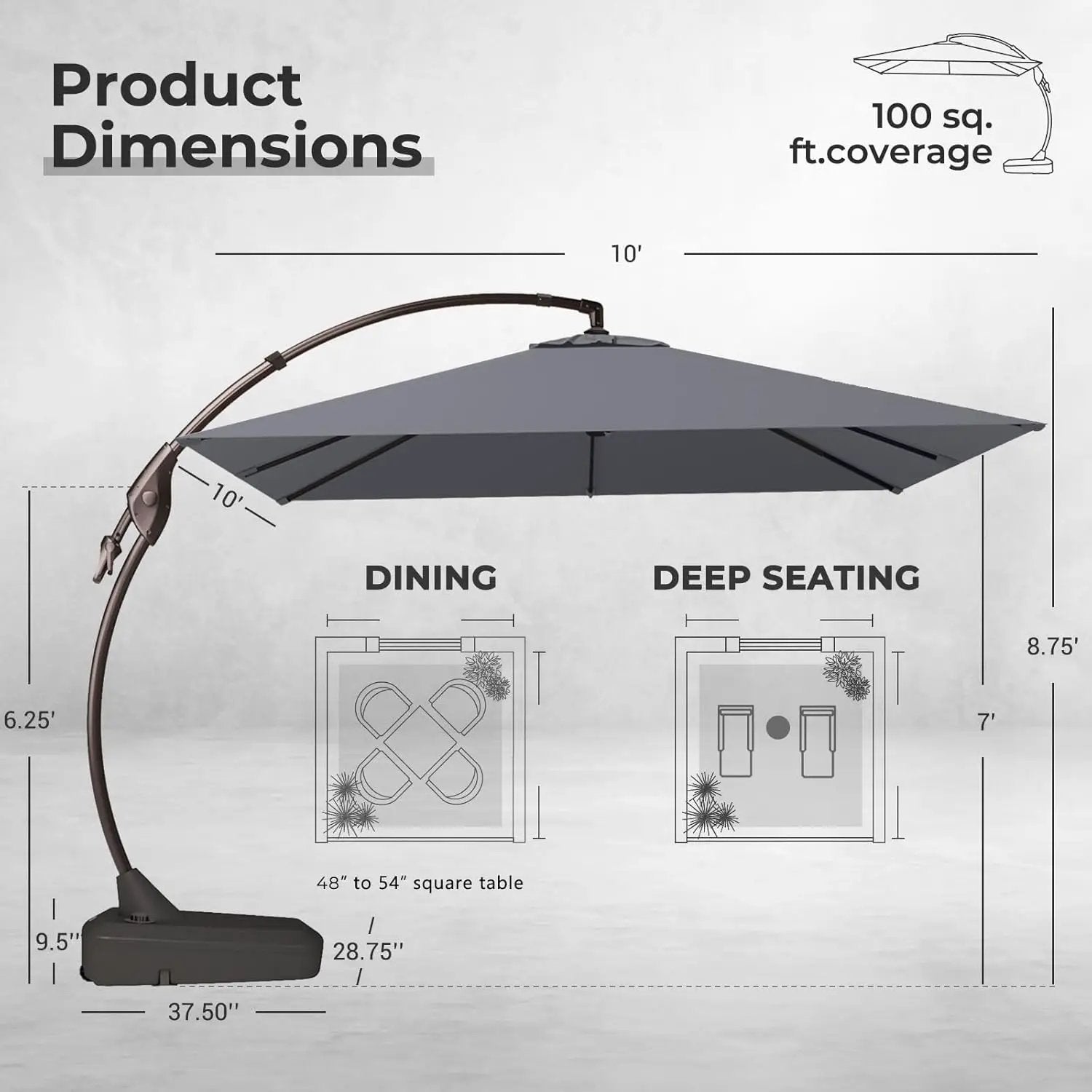 Grand patio Sunbrella 10x10 FT Cantilever Umbrella with Base Included Patio Square Aluminum Offset Umbrellas for Outdoor Pool (Charcoal, 10X10 FT-SUNBRELLA) by GreenHaven Gardens
