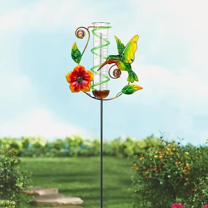 BAYN 36.3” Rain Gauge Outdoor Solar Powered 10 LEDs 7” Tube Garden Hummingbird Metal Decorative Stake with Waterproof Large Glass Tube Rain Guage for Yard, Garden, Patio, Lawn by GreenHaven Gardens