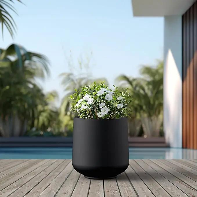 Kante 15.3" Dia Round Concrete Planter, Outdoor Indoor Large Plant Pots Containers with Drainage Hole and Rubber Plug for Home Garden Patio, Black by GreenHaven Gardens