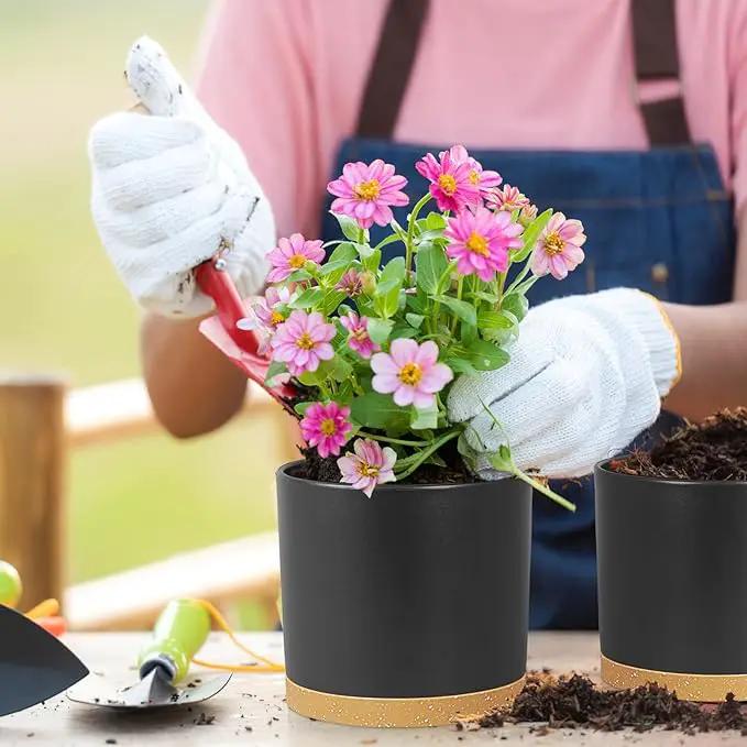 8/7/6 inch Flower Pots, 3 Pack Cylinder Plant Pots for Outdoor Indoor Plants, Decorative Plastic Planters with Drainage Holes and Saucers for Garden House Plants, Black with Brown by GreenHaven Gardens