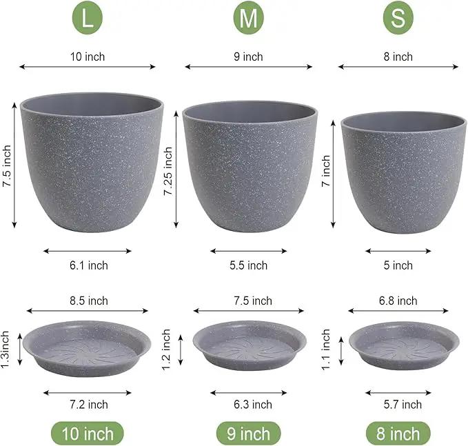 10/9/8 inch Plant Pots, Set of 3 Modern Decorative Plastic Planters with Drainage Holes and Saucers for Garden House Plants, Flower Pots for Indoor Outdoor Plants, Speckled Grey by GreenHaven Gardens