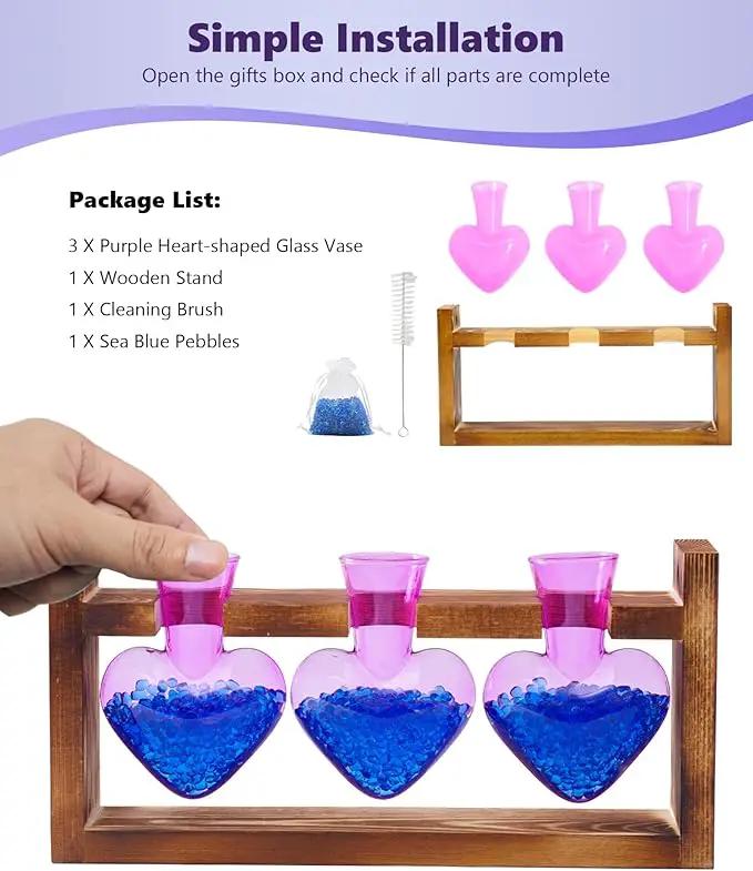 Nacome Plant Terrarium for Office Decor: Birthday Gifts for Plant Lovers Women Mom Wife - Wooden Stand Tabletop Planter 3 Bulb Glass Vase Heart Shaped for Hydroponics Indoor Home(Purple) by GreenHaven Gardens