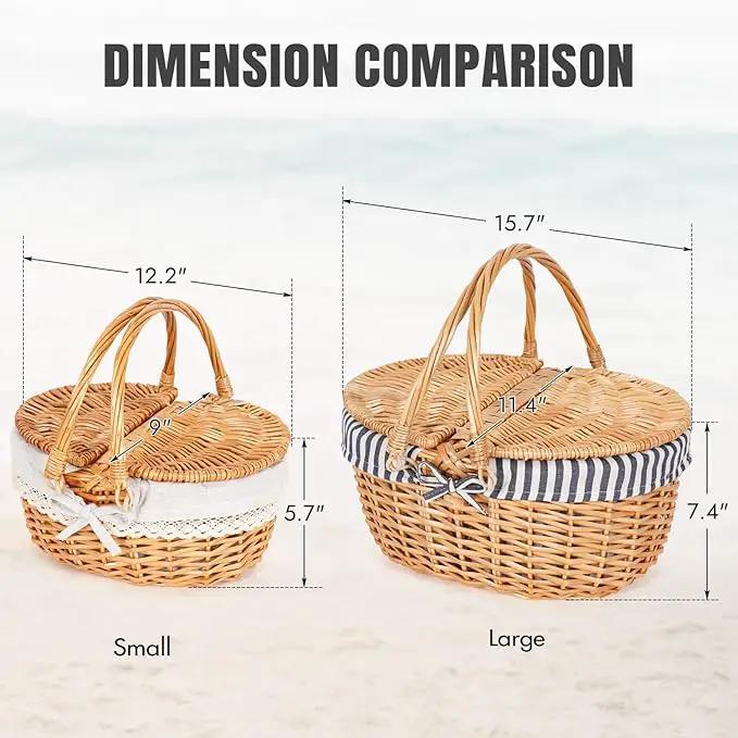 Happypicnic Wicker Picnic Basket with Handle, 15" Large Empty Picnic Basket with Lid & Removable Liner, Vintage Hand Woven Basket for Picnics, Camping, Veg Picking, Mother'S Day, Thanksgiving (Stripe) by GreenHaven Gardens