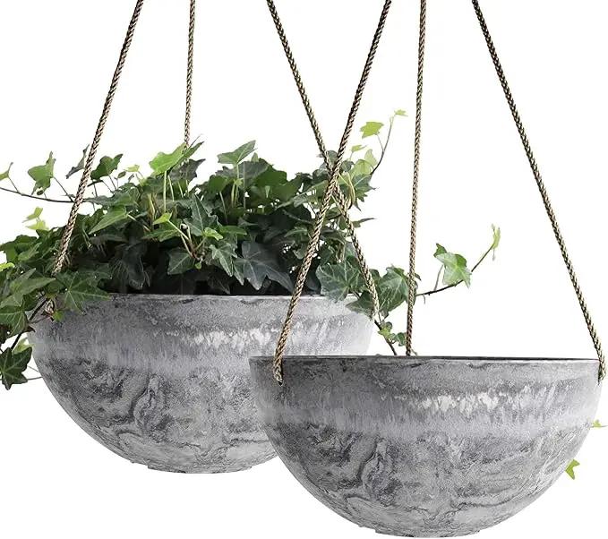 LA JOLIE MUSE Hanging Planter Flower Plant Pots - 9.84 Inch Indoor Outdoor Balcony Patio Hanging Basket Set of 2, Marble Pattern by GreenHaven Gardens