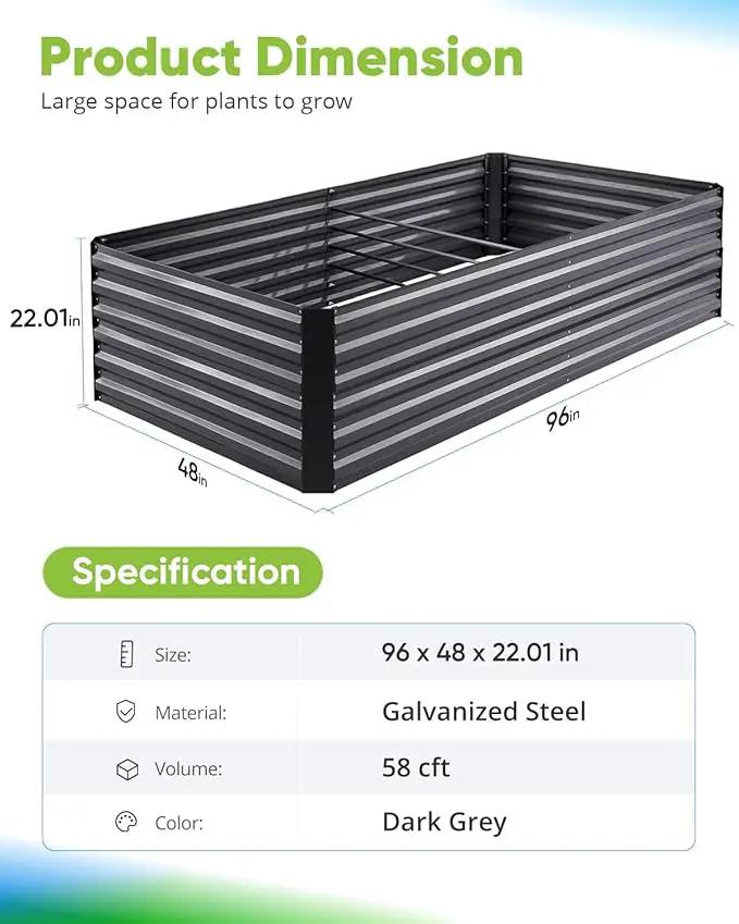 Quictent Galvanized Raised Garden Bed 8x4x2 Ft Tall Metal Planter Box for Vegetables Bottomless for Backyard, 2 Tomato Cages Included, 22.04" Deep, Dark Grey by GreenHaven Gardens