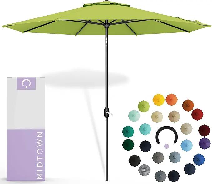 Midtown Umbrellas Sunbrella Umbrella 10 Feet Large Outdoor Umbrella With Sunbrella Macaw Acrylic Fabric - Auto-Tilt Aluminum Frame Large Patio Umbrella For Backyard, Deck, Garden, Pool - Black Pole by GreenHaven Gardens
