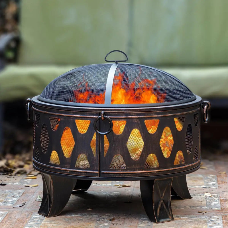 Breezz 26 Inch Wood Burning Fire Pit with Cooking Grill and Spark Screen, Outdoor Metal Round Firepit for Patio, Backyard, Bonfire Party, Camping and Garden by GreenHaven Gardens