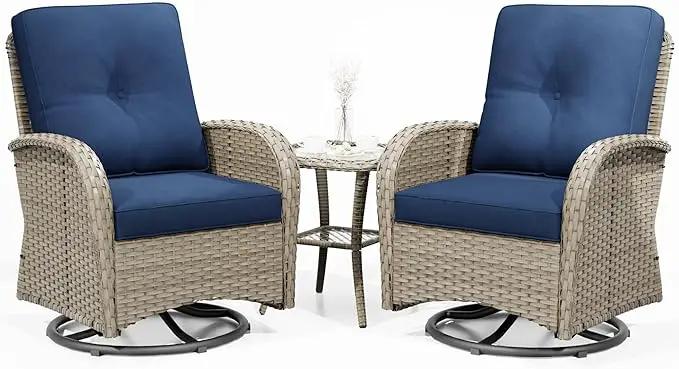 Joyside Outdoor Swivel Rocker Chairs, 3 Piece Wicker Patio Set with Thick Cushion and Side Table, Rattan Patio Swivel Rocking Chairs for Porch, Deck Use (Natural/Blue, 3 PCS) by GreenHaven Gardens