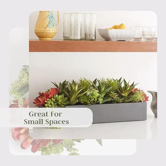 Oblong Faux Succulent Arrangement, Premium Artificial Indoor Plant Enhances Interior Design, Display on any Surface in Your Home Adding an Inviting Touch of Nature, Grey Planter Pot Included by GreenHaven Gardens