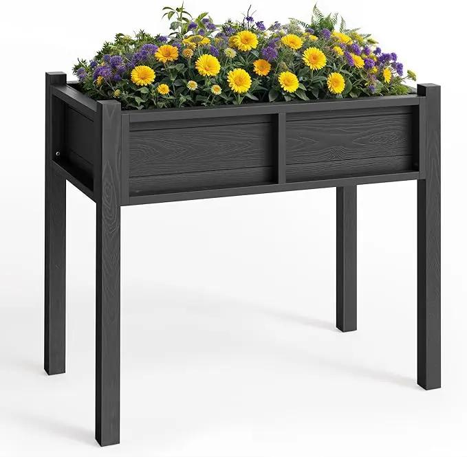 YITAHOME Raised Garden Bed, HIPS Poly Wood Elevated Planter Box with Legs and Drainage Hole, Small Flower Box Stand for Patio Balcony Garden Backyard, Black by GreenHaven Gardens