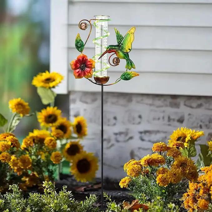 BAYN 36.3” Rain Gauge Outdoor Solar Powered 10 LEDs 7” Tube Garden Hummingbird Metal Decorative Stake with Waterproof Large Glass Tube Rain Guage for Yard, Garden, Patio, Lawn by GreenHaven Gardens