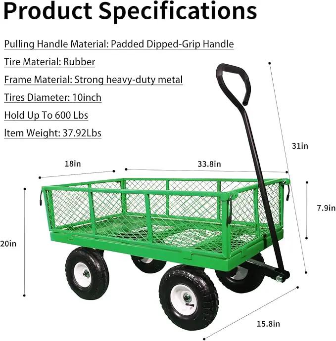 AAIN 600 lbs Metal Garden Cart,Heavy Duty Garden Wagon with Removable Steel Mesh Sides, Utility Yard Cart with 180° Rotating Handle and 10-inch Wheels—Perfect for Gardens, Farms, and Yards, Green by GreenHaven Gardens