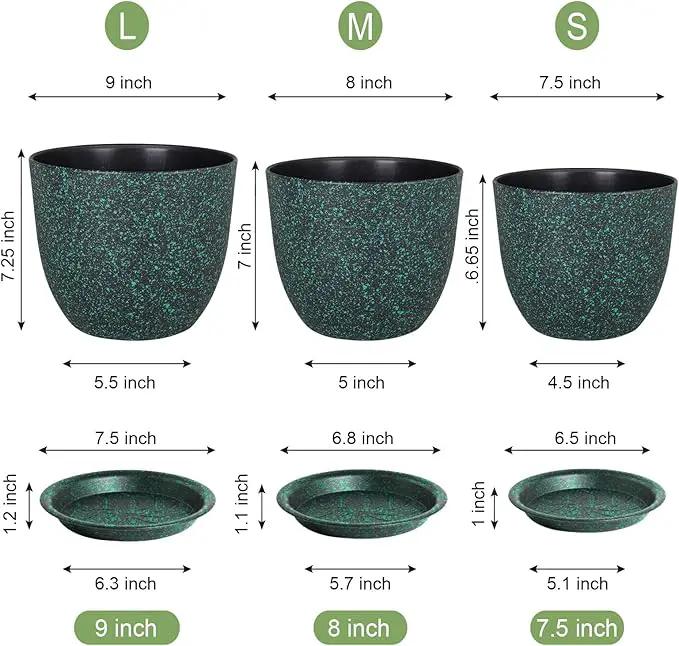 Plant Pots 9/8/7.5inch, Set of 3 Modern Decorative Plastic Planters with Drainage Holes and Saucer for Garden House Plants, Flower Pots for Indoor Outdoor Plants, Black with Green Speckles by GreenHaven Gardens