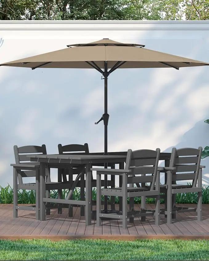 Patio Dining Set for 4 with Umbrella Hole - 66" Outdoor Table & 4 Chairs, All-Weather HDPE Outdoor Furniture for Lawn, Garden, Backyard, Poolside, Gray by GreenHaven Gardens
