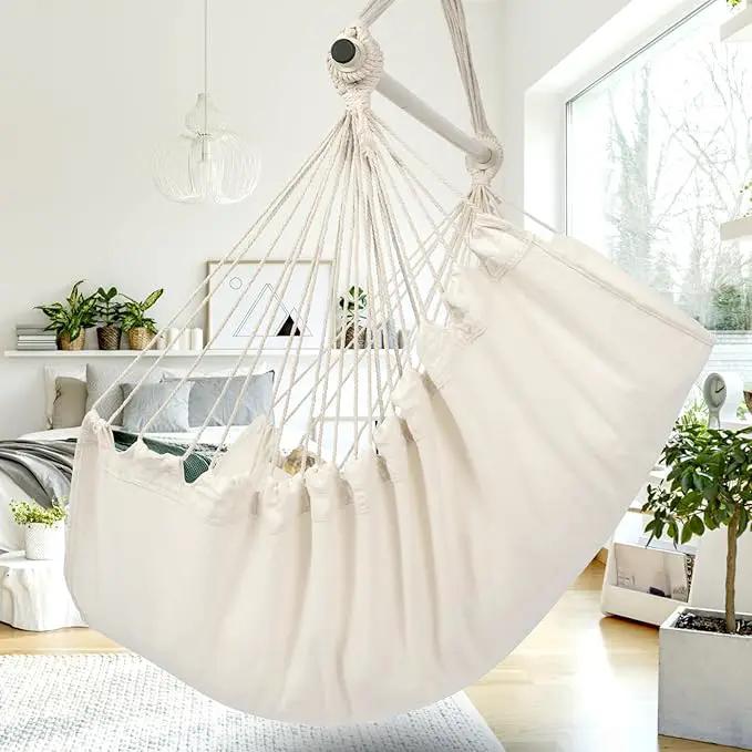 Y- STOP Hammock Chair Hanging Rope Swing Chair, Max 500 Lbs, 2 Seat Cushions Included, Removable Steel Spreader Bar with Anti-Slip Rings for Indoor or Outdoor(Beige) by GreenHaven Gardens