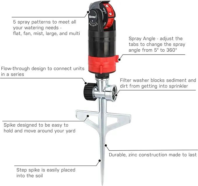 Eden 94143 Multi-Pattern Sprinkler Plus Misting System with Metal Sprike Set; Gear Drive, Heavy Duty, Gardening Watering System, Garden&Lawns, 5 Pattern, Coverage up to 3737sq.ft by GreenHaven Gardens