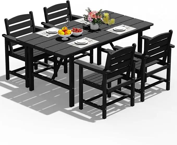 Patio Dining Set for 4 with Umbrella Hole - 66" Outdoor Table & 4 Chairs, All-Weather HDPE Outdoor Furniture for Lawn, Garden, Backyard, Poolside, Black by GreenHaven Gardens