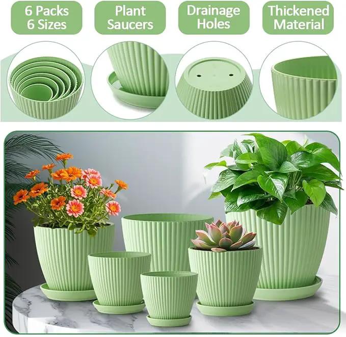 Plant Pots with Drainage Holes and Tray Saucer - 7.5/6.5/5.5/4.9/4.2/3.5 Inches Flower Pots - 6 Pack Thick and Sturdy Planters for Indoor Plants Such As Orchid, Succulent and Herbs, Green by GreenHaven Gardens