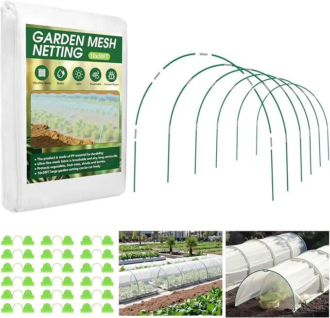Garden Netting Kit for Raised Beds, 10x30FT Ultra Fine Mesh Netting＆ 6 Sets of 8FT Fiberglass Garden Hoops, Bird Barrier Protection Net Vegetable Plant Cover Fruit Flowers Row Cover by GreenHaven Gardens