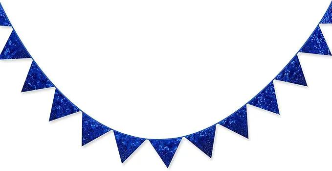 pinkblume Royal Blue Decorations Double Sided Sequin Navy Blue Fabric Triangle Pennant Banner Flag Bunting Garland for Blue Nautical Ahoy Achor Theme Nursery Classroom Home Bedroom Wall Decor by GreenHaven Gardens
