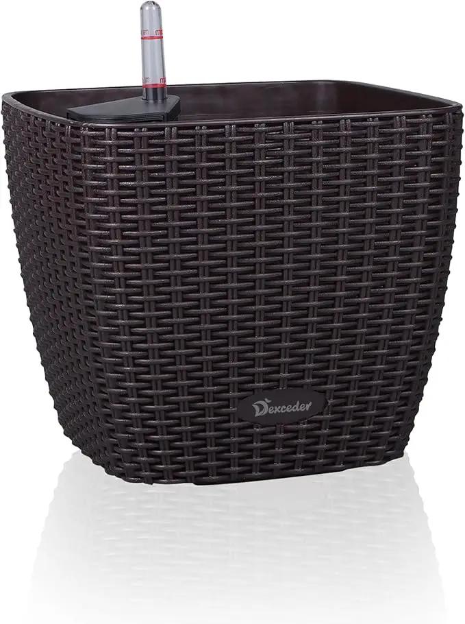 Dexceder 9x8 Self Watering Planter Indoor Outdoor, Inner Mat Design, Thickened Table Flower Plant Pot with Water Level Indicator (Brown Rattan) by GreenHaven Gardens