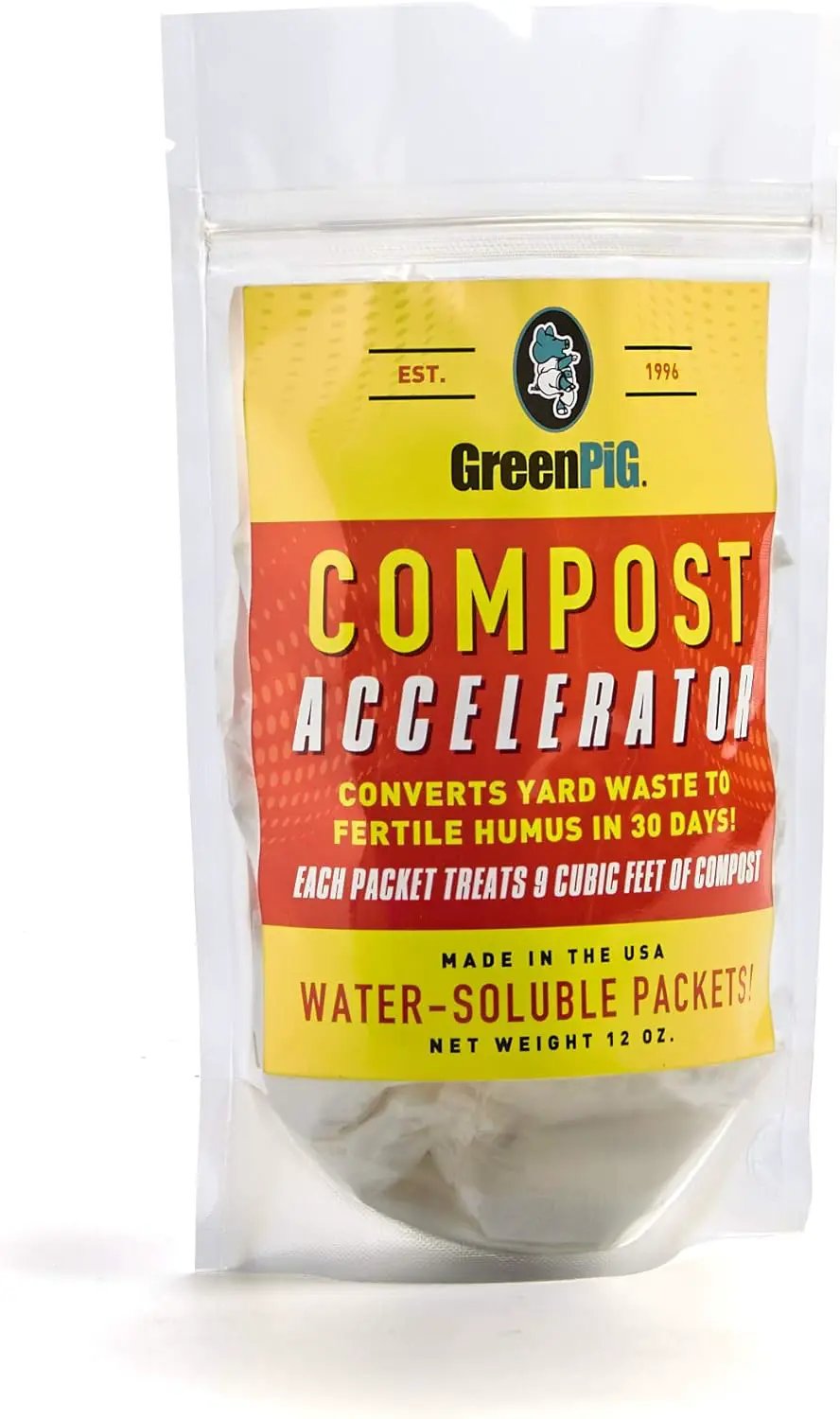 GREEN PIG Compost Accelerator Converts Yard Waste to Fertile Humus in 30 Days and Helps Control Odors Associated with Compost Piles, 1 Bag (12 Dissolvable Packets) by GreenHaven Gardens