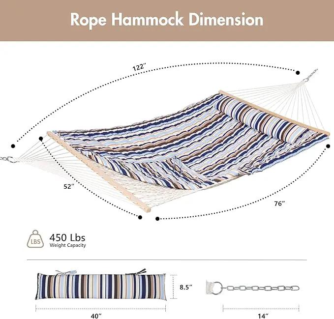ANOW Outdoor Double Rope Hammock with Pad, Portable Hammock for Patio, Backyard, Beach, 450 LBS Weight Capacity, Blue Seaside by GreenHaven Gardens