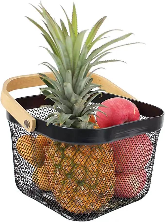Metal Mesh Steel Basket, Storage Organizer Basket Multi-functional Hanging Kitchen Baskets Fruit Basket Bin with Bamboo Handle for Kitchen Bathroom Picnic Shopping Decor Cabinet Home, Black by GreenHaven Gardens