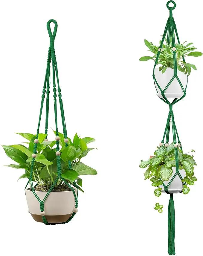 USLAI Macrame Plant Hanger Indoor Outdoor, Up to 4-15 inch Pot, Heavy 20lb Planters, Extra Long Strong Hanging Planter Basket Holder, Boho Home Decor, 35+49 Inch, Green (POTS NOT Included) by GreenHaven Gardens