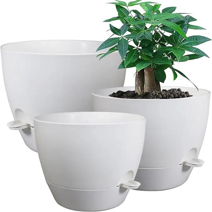 Large Self Watering Pots, 12/10/9 Plastic Planters with High Drainage Holes and Deep Reservoir for Indoor Outdoor Garden Plants and Flowers, White by GreenHaven Gardens