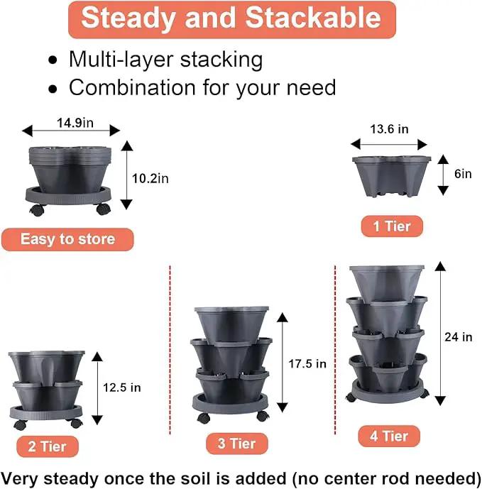 Vertical Planter 4 Tier Stackable Planters Garden Planters Strawberry Herb Flower and Vegetable Planter Indoor Outdoor Gardening Pots with Removable Wheels and Tools by GreenHaven Gardens