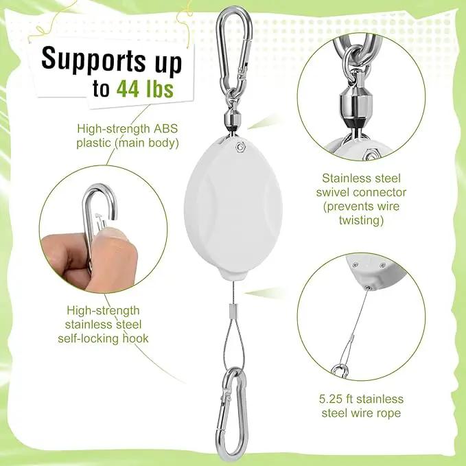 Plant Pulleys for Hanging Plants, Heavy Duty Retractable Hangers, 304 Stainless Steel Rope, Auto Plant Holder, Adjustable Climbing Hook for Garden Baskets Watering, or Bird Feeders 2PC (White) by GreenHaven Gardens