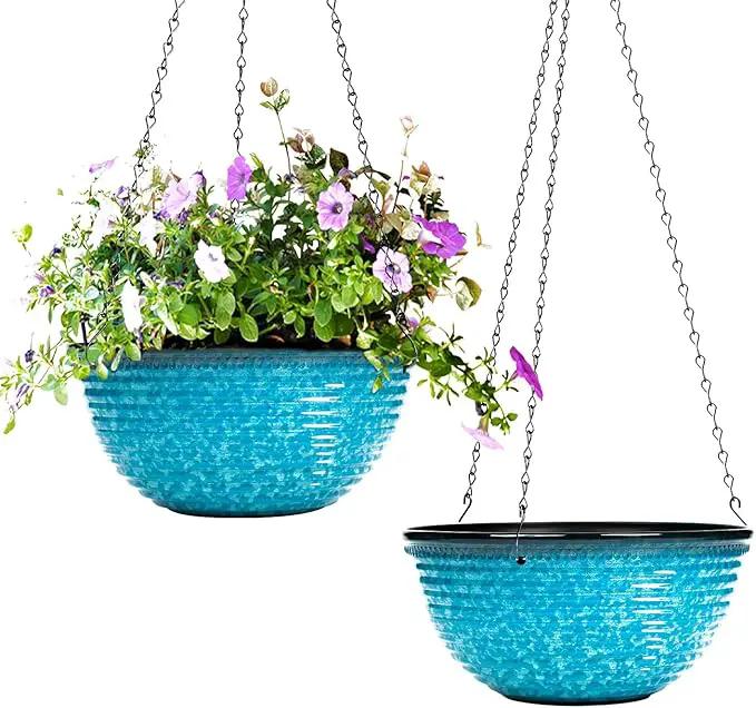 10 Inch Hanging Planter, 2 Pack Hanging Planters for Indoor Outdoor Plants Self Watering Hanging Pots with Drainage Holes for Garden Home (Snowflake Blue) by GreenHaven Gardens
