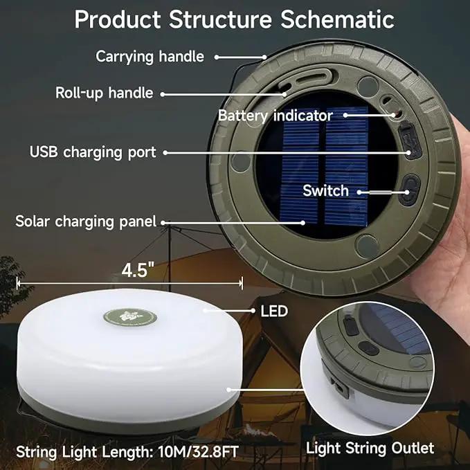 Solar Camping String Lights Roll Up 32.8FT, Rechargeable via Solar and USB, Waterproof Portable 2 in 1 Camping String Lights Lamp for Outdoor Camp Tent Garden Party Festival Decorations by GreenHaven Gardens