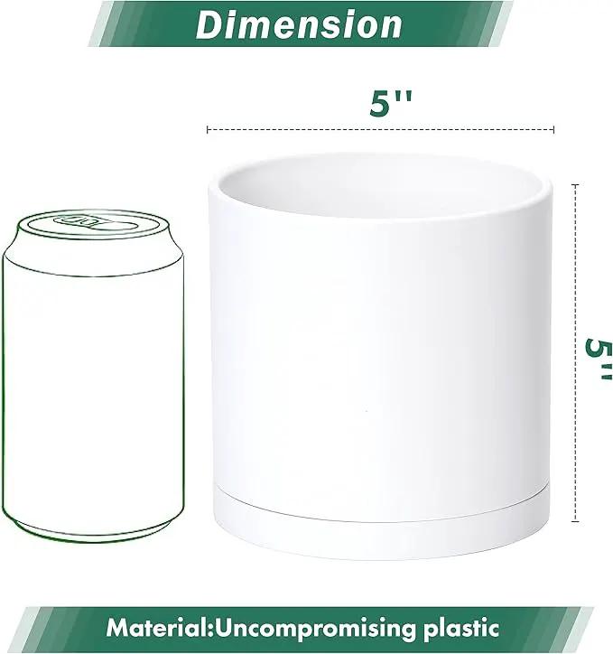 D'vine Dev 2 Pack 5 Inch Modern Plastic Plant Pots, Small Garden Planters for Plant with Drainage Holes and Saucers, White Color, 74-Z-G-1 by GreenHaven Gardens