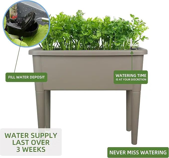 Dexceder 13.2 Gallon Self Watering Raised Garden Bed with Ventilation Transparent Lid Greenhouse, Deepen Vegetable Flower Box Planter Pot with Removeble Legs&Water Level Indicator (Light Brown) by GreenHaven Gardens