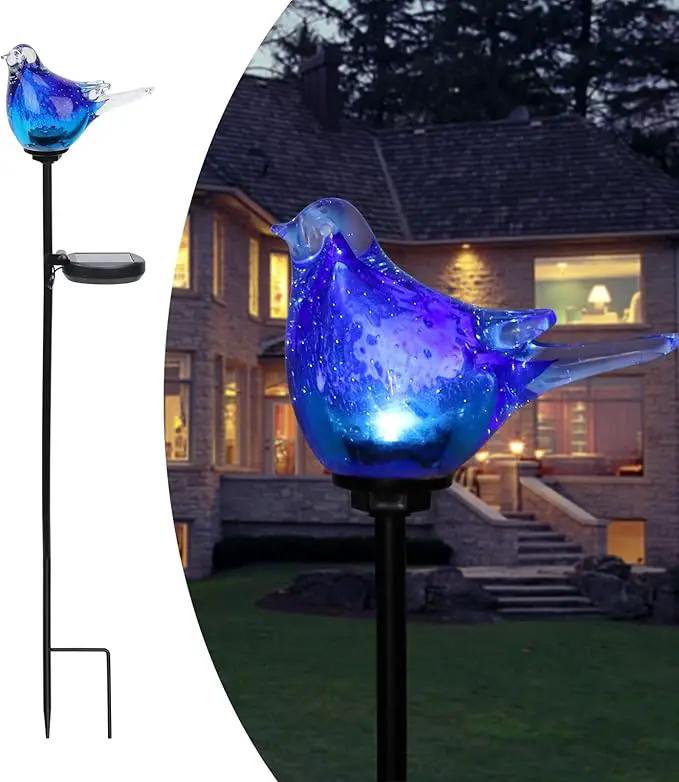 Afirst Solar Bluebird Garden Stake Lights - Hand Blown Glass Decorative Garden Pathway Lights Outdoor Waterproof Bird Glass Stakes by GreenHaven Gardens