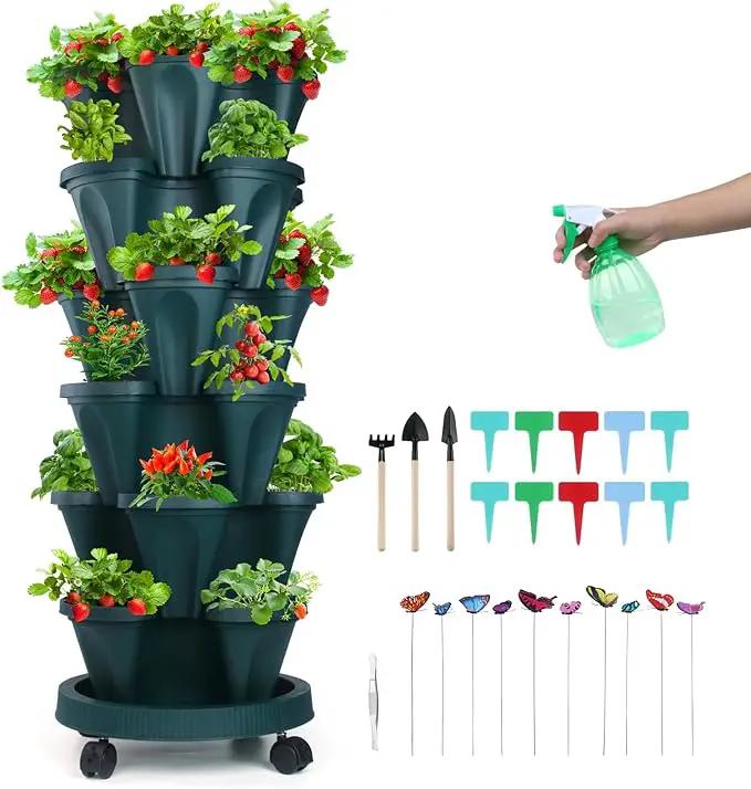 Vertical Planter, 6 Tier Stackable Strawberry Planter with Garden Tool Set, Movable Indoor/Outdoor Garden Herb Pot for Growing Vegetables and Succulents, Green by GreenHaven Gardens