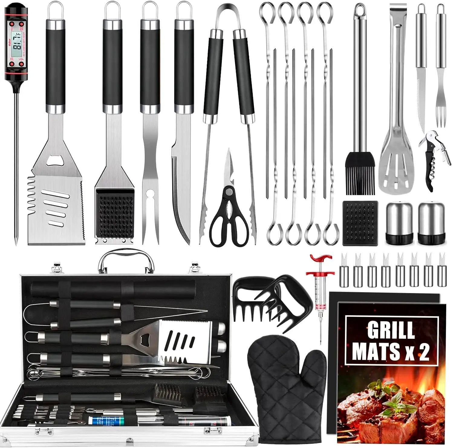 BBQ Grill Accessories Set, 38Pcs Stainless Steel Grill Tools Grilling Accessories with Aluminum Case, Thermometer, Grill Mats for Camping/Backyard Barbecue, Grill Utensils Set for Men Women by GreenHaven Gardens